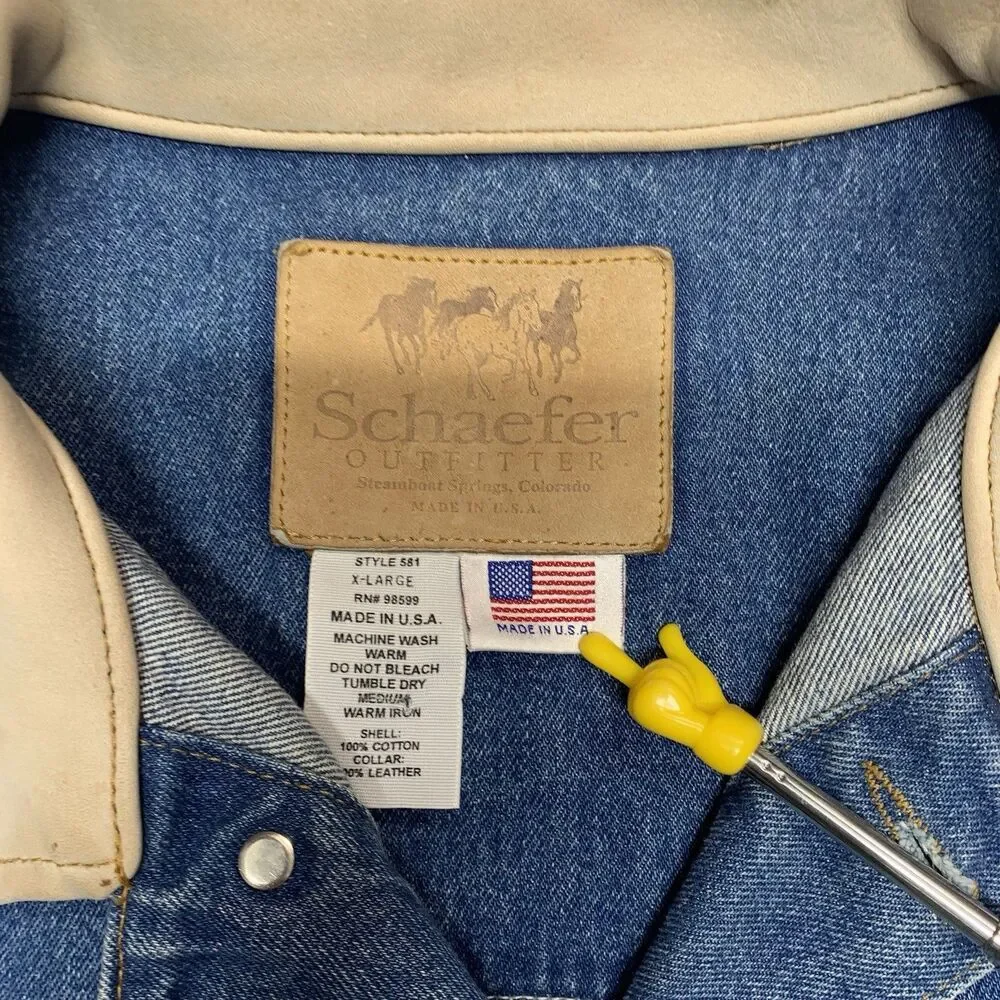 Schaefer Outfitter Legend Denim Jacket Made In USA Men Sz XL Custom Logo SPRUS